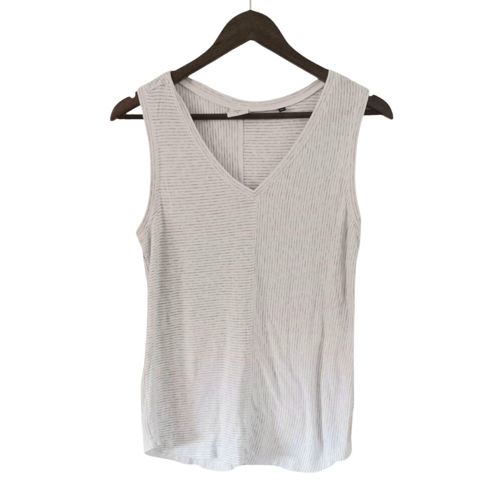 cabi Grey & White Striped V Neck Stretchy Rayon V Neck Tank Top Size Small